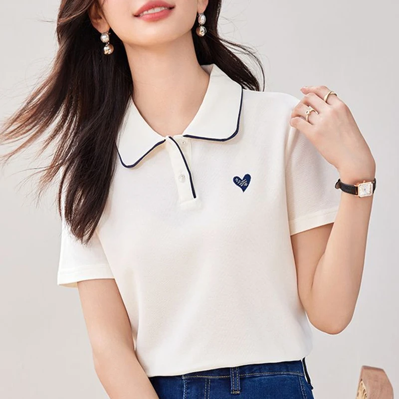 拼接撞色短袖T恤女2025夏季新款爱心刺绣翻领白色百搭显瘦polo衫