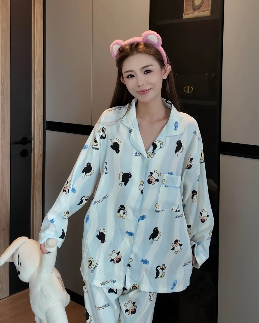 透气衬衫领女长袖睡衣家居服少女套装秋季大码舒适