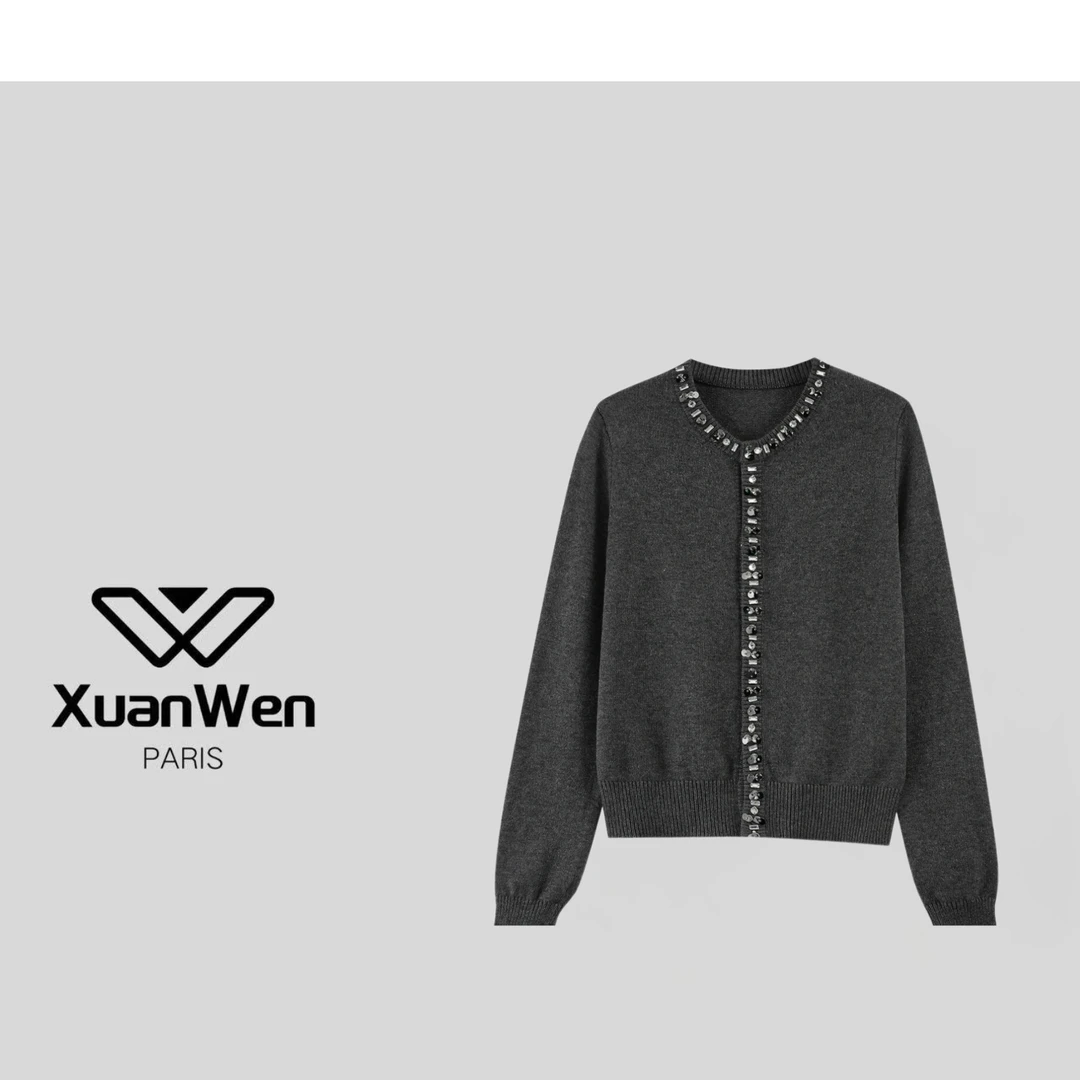 XW 早春时尚女士重工钉珠钉钻圆领长袖针织衫-2079