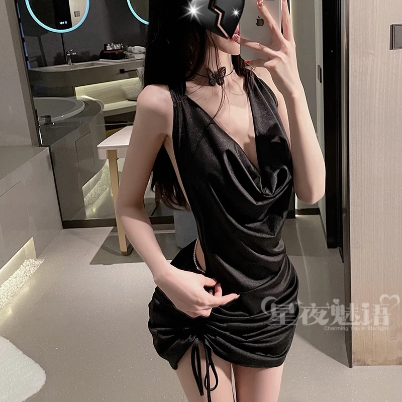 【总裁薄纱】婉约链条露背法式睡衣荡领褶皱显瘦挂脖裙小礼服