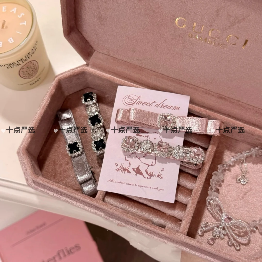 【莫奈花园】缎面丝光满钻粉色鸭嘴夹手工韩版轻奢超闪刘海碎发夹