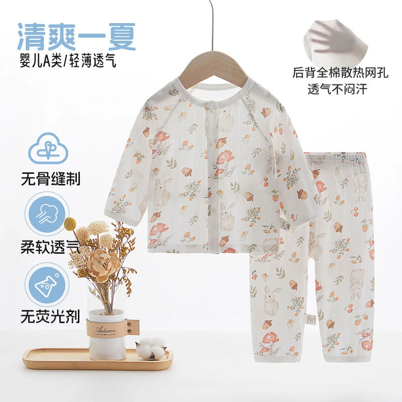 2025新款纯棉婴儿内衣长袖套装后背网眼空调服卡通分体夏季薄款