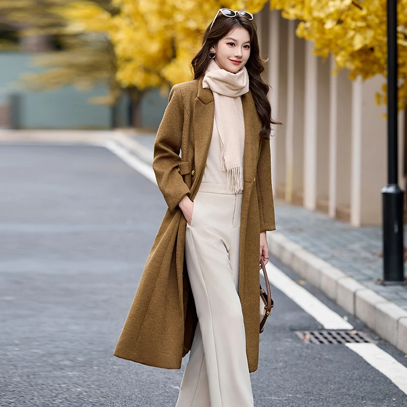 女式毛呢外套秋冬新款韩版时尚气质翻领加长款双排扣呢大衣HR1019