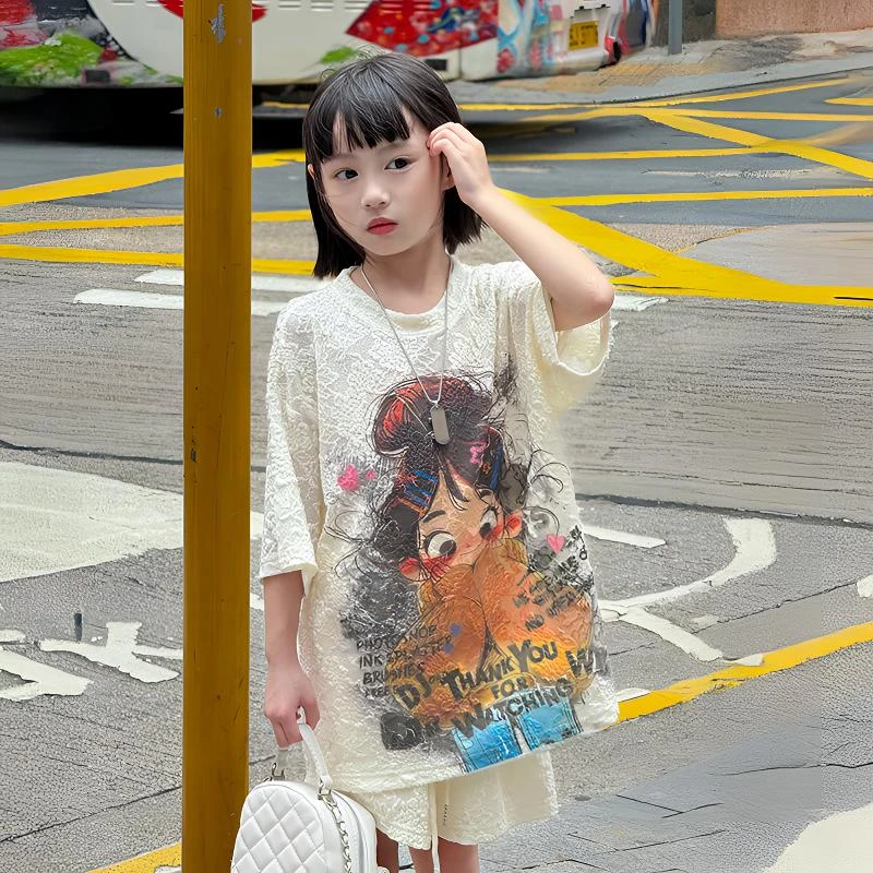 女童短袖短裤套装2025新款女孩夏季卡通印花T恤儿童夏装休闲穿搭9