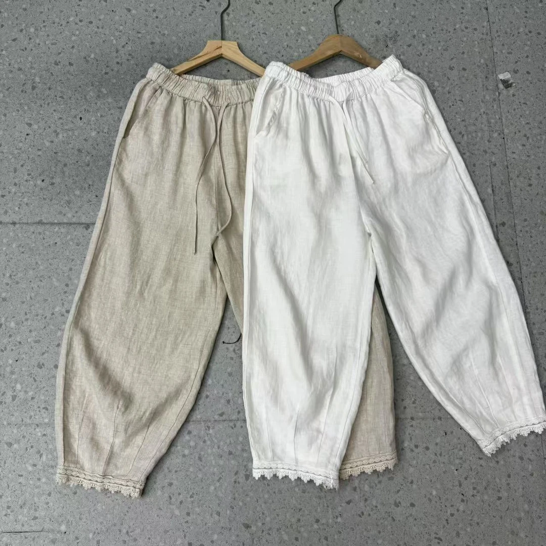 纯亚麻`~撞色设计宽松显瘦亚麻九分休闲裤直筒哈伦裤女