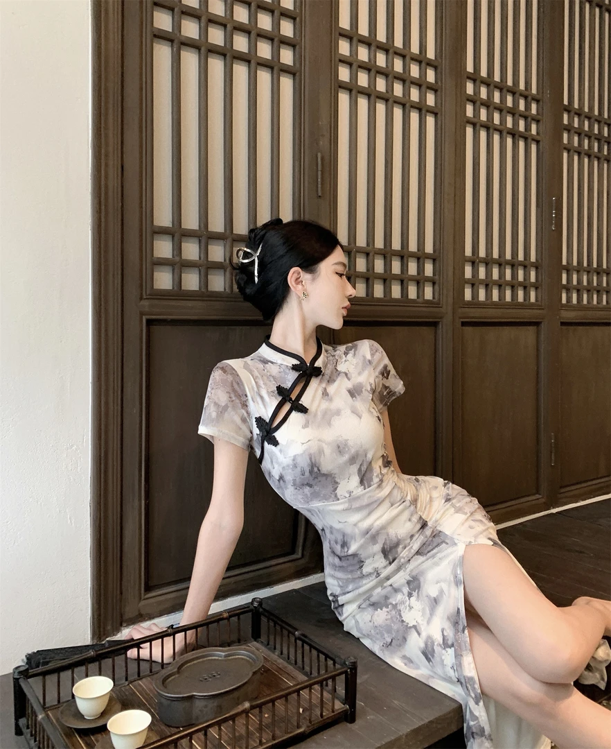 风格永存~国风旗袍高端气质花色修身显瘦长款开叉新中式连衣裙