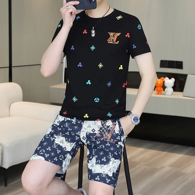 欧货高端刺绣短袖短裤休闲套装男2025新款夏季潮牌男士时尚两件套