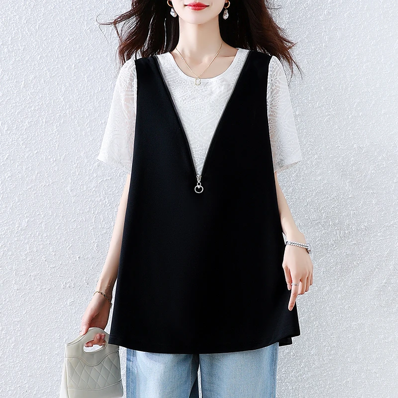 大码休闲假两件宽松T恤女夏季新款减龄时尚百搭遮肚显瘦短袖上衣