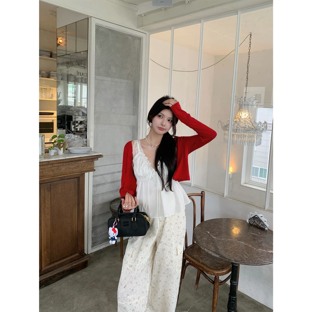 秋梨只5/20 手作花漪 60支純棉木耳花边手工捏褶 抽绳吊带小衫女