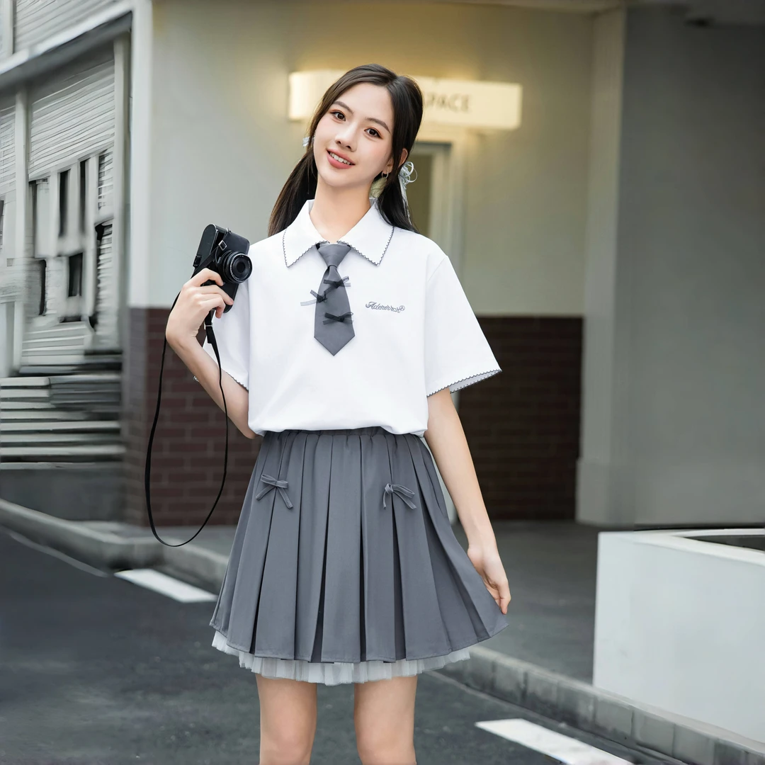 中大童女童套装2025年夏季学院风休闲百搭衬衫百褶裙两件套85103