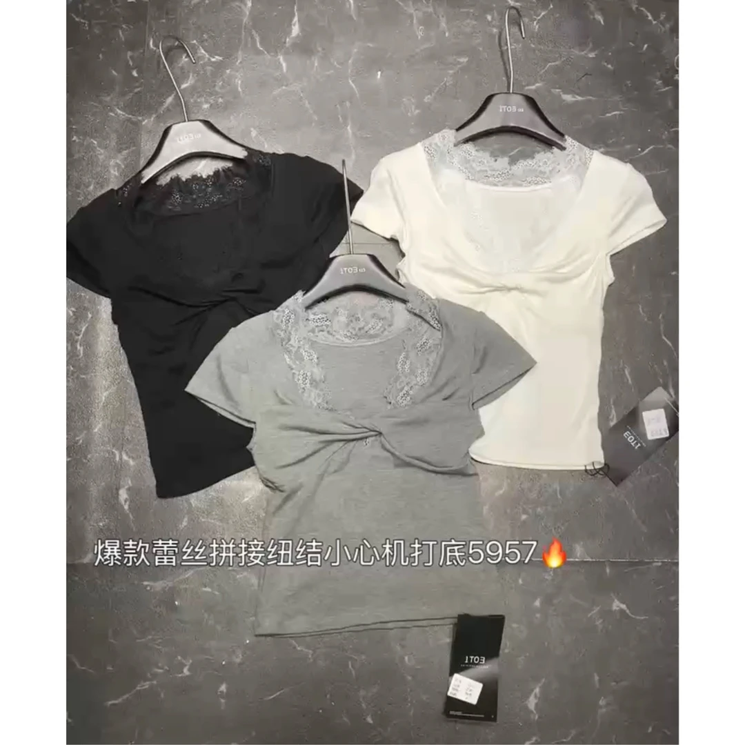 蕾丝拼接V领短袖上衣纯欲风修身气质打底T恤夏季