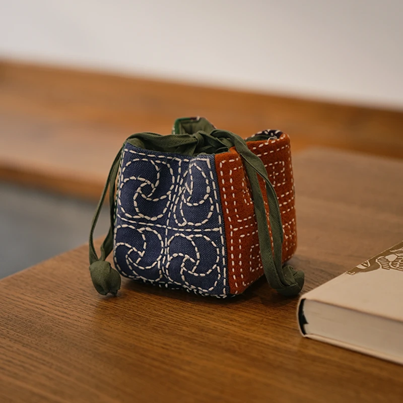 钟声刺绣 原创纯手工棉麻刺绣定制款 盖碗茶壶抽绳四方收纳包