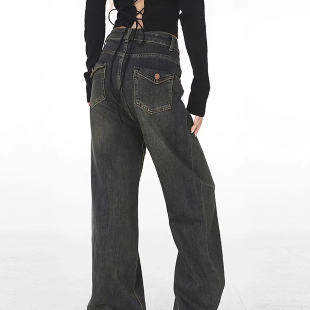 设计感显瘦修身牛仔裤女2024年春秋款高腰垂感直筒裤阔腿复古拖地