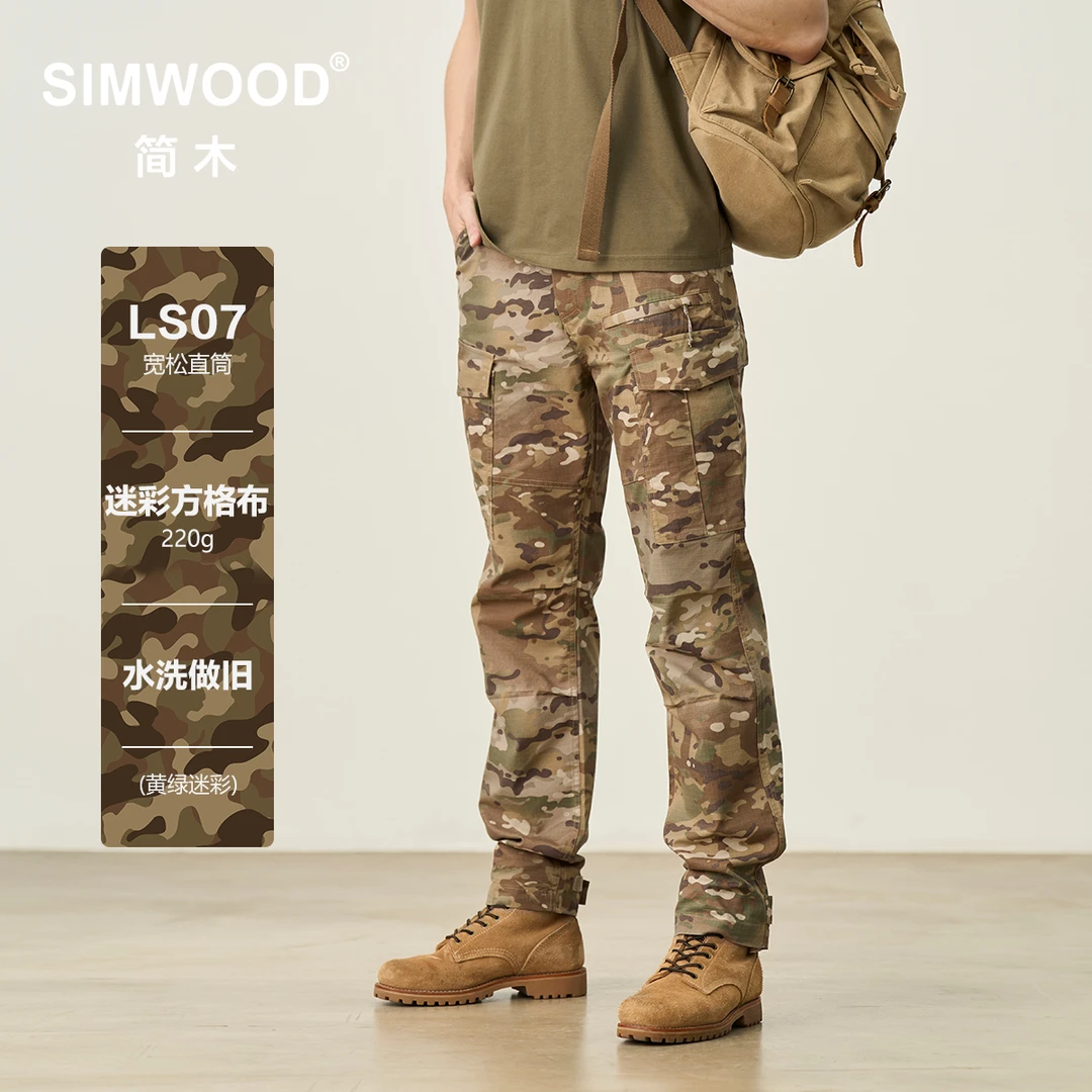 SIMWOOD/简木【LS07宽松直筒】220g方格布户外工装迷彩裤男SO130212