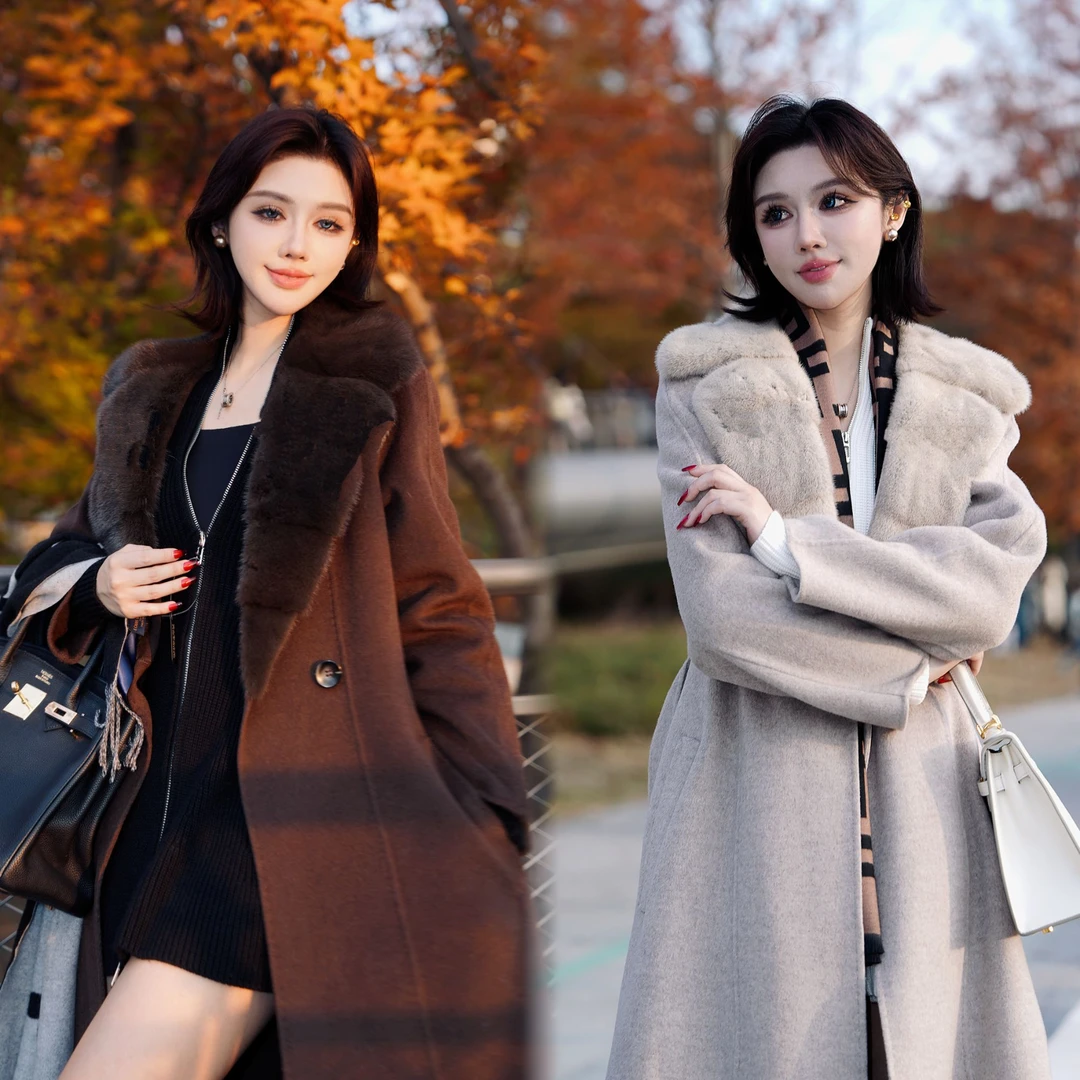 【竹子专属】秀场款长款澳毛大衣冬季毛呢外套进口水貂毛领-HL2505