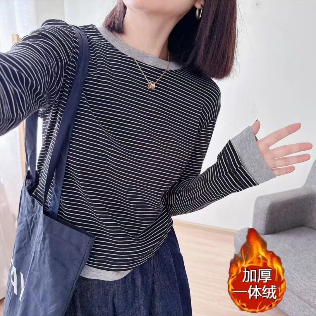 加绒保暖-外贸品质长袖T恤女设计感撞色百搭显瘦打底衫女搭24204