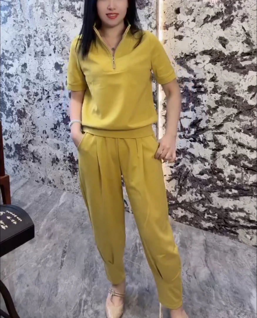 大码时尚立领短袖休闲套装显瘦遮肉运动两件套春夏款洋气