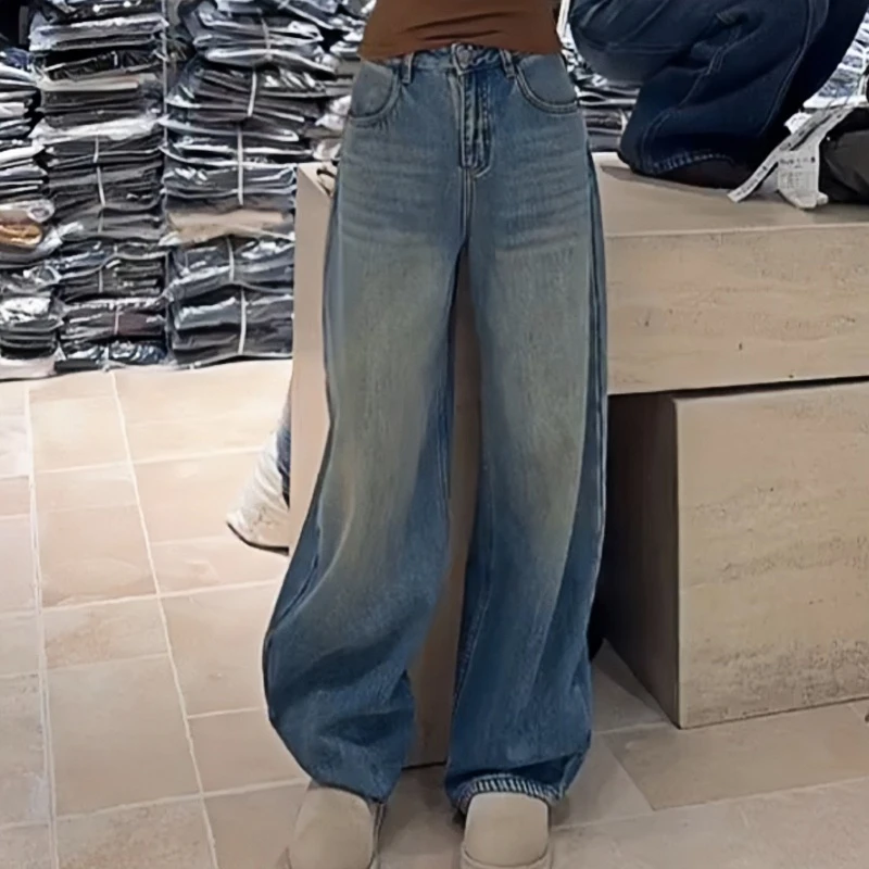 复古洗水加绒牛仔裤女冬季新款韩版高腰宽松阔脚裤休闲拖地长裤潮