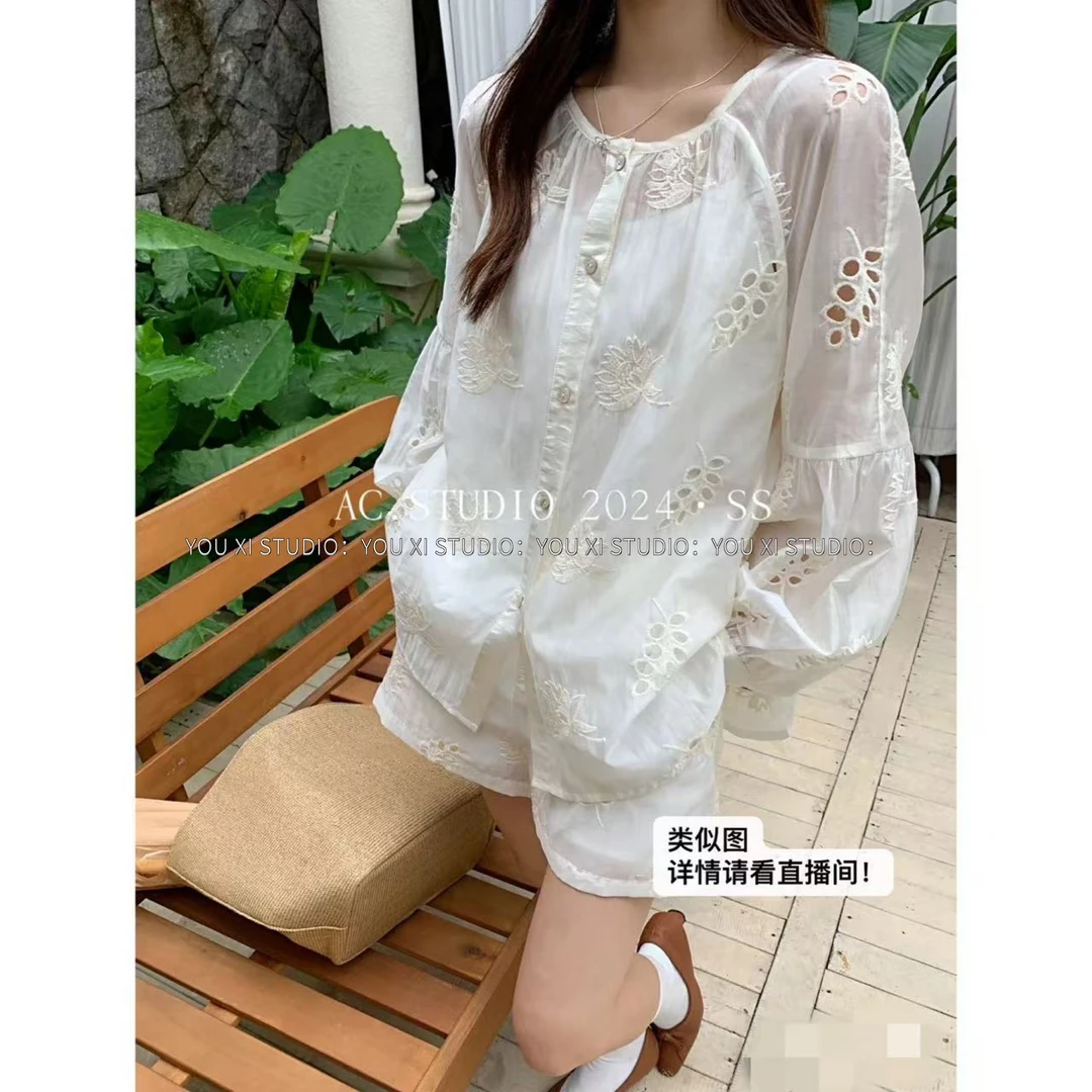 【简知】新中式中国风时尚套装百搭短裤重工法式衬衣女