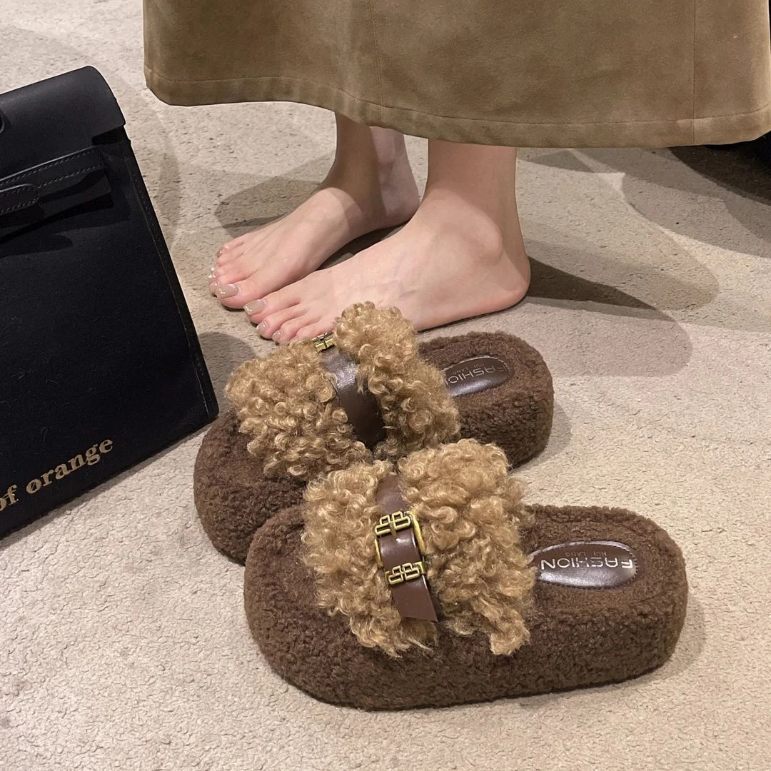 复古毛绒设计感毛毛拖鞋女外穿2025新款秋冬厚底增高皮带扣棉拖鞋
