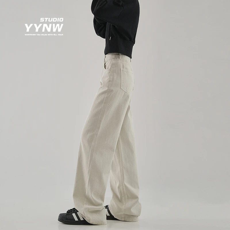 流光杏高腰窄版阔腿牛仔裤女2025新款春季休闲宽松直筒裤拖地长裤