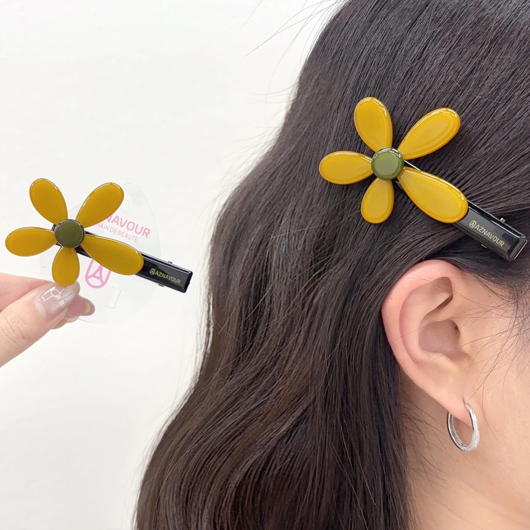韩国进口AZNAVOUR芥末黄花朵发夹边夹鸭嘴夹刘海夹发饰女商场同款
