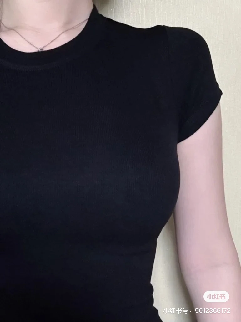 短款圆领T恤大码女夏季打底衫黑色打底衫athflow风
