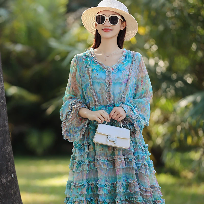 拜占庭的森林真丝裙女时尚蓝色印花气质百搭优雅女士桑蚕丝连衣裙