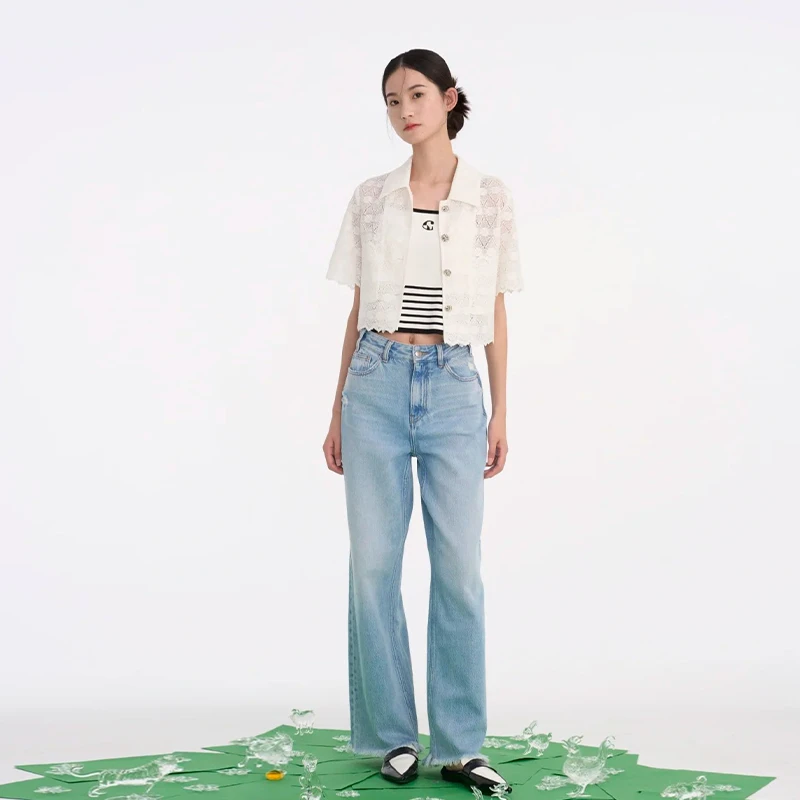 【咕】韩系简约蕾丝百搭polo领上衣2025夏季商场专柜品牌女装