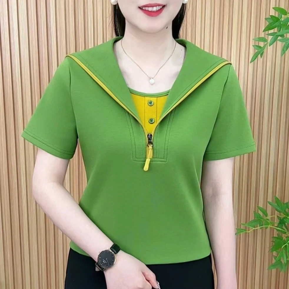 新款短袖T恤假两件海军领百搭洋气休闲减龄夏季妈妈装