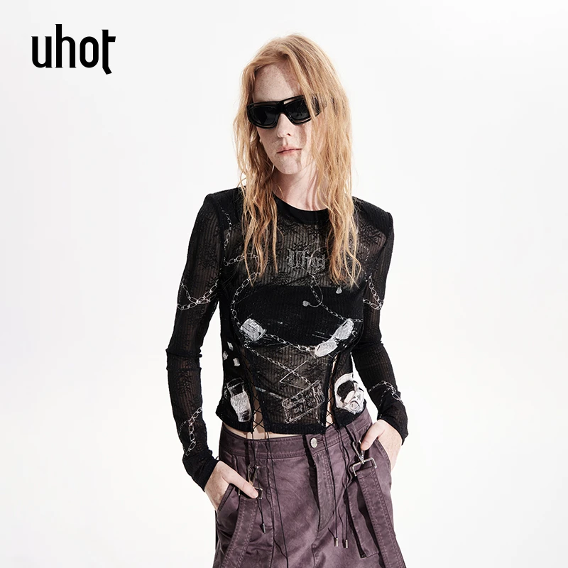 UHOT 黑白色印花长袖修身上衣女镂空设计感修身显瘦百搭UWWS2N078