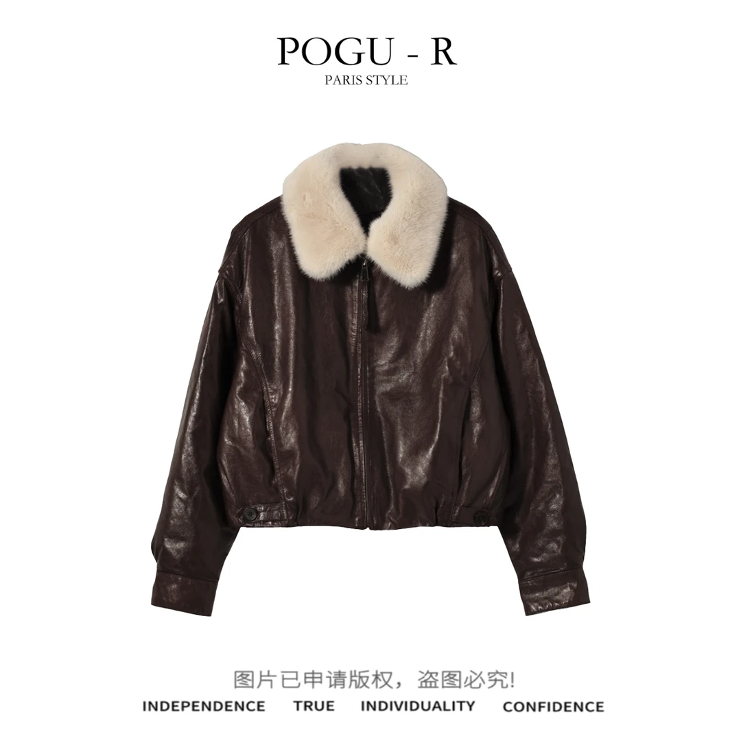 【PoGu】新款水貂毛领可拆卸绵羊皮鹅绒服外套WT-982