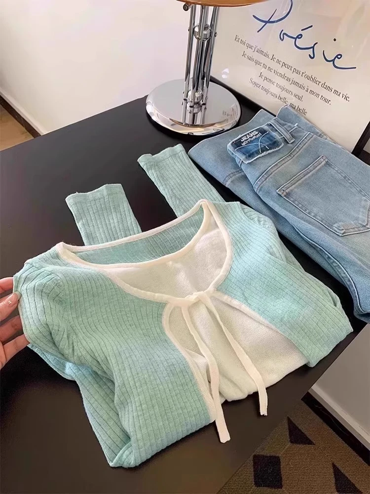 小清新绿色开春穿搭上衣韩系设计感温柔系带假两件开衫针织衫女装