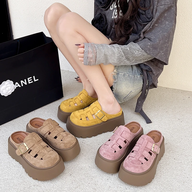 镂空厚底勃肯鞋一脚蹬女鞋子2025新款春夏季包头半拖鞋女外穿凉拖