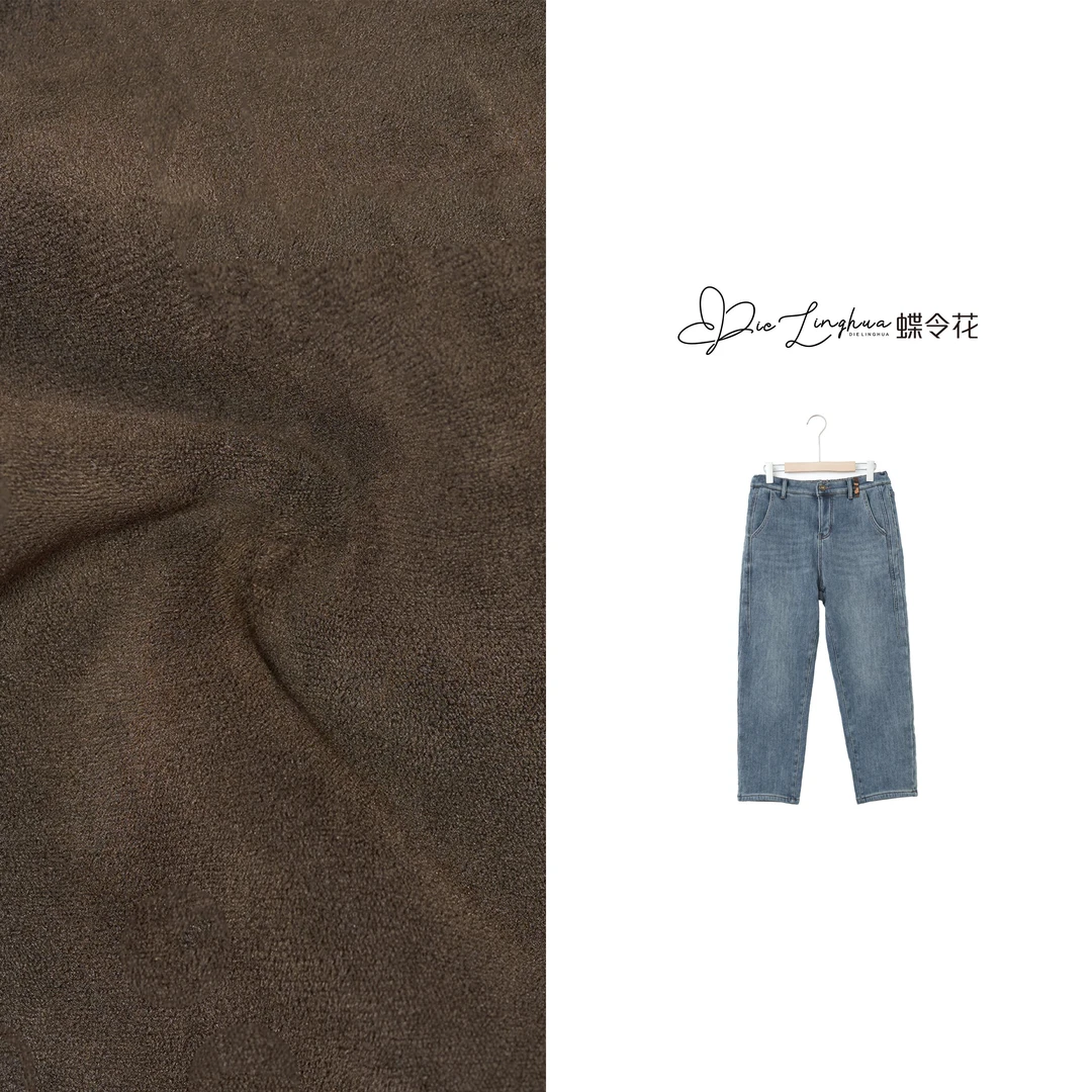 蝶令花秋冬季加绒豹纹点缀休闲超大弹力宽松做旧牛仔裤24955