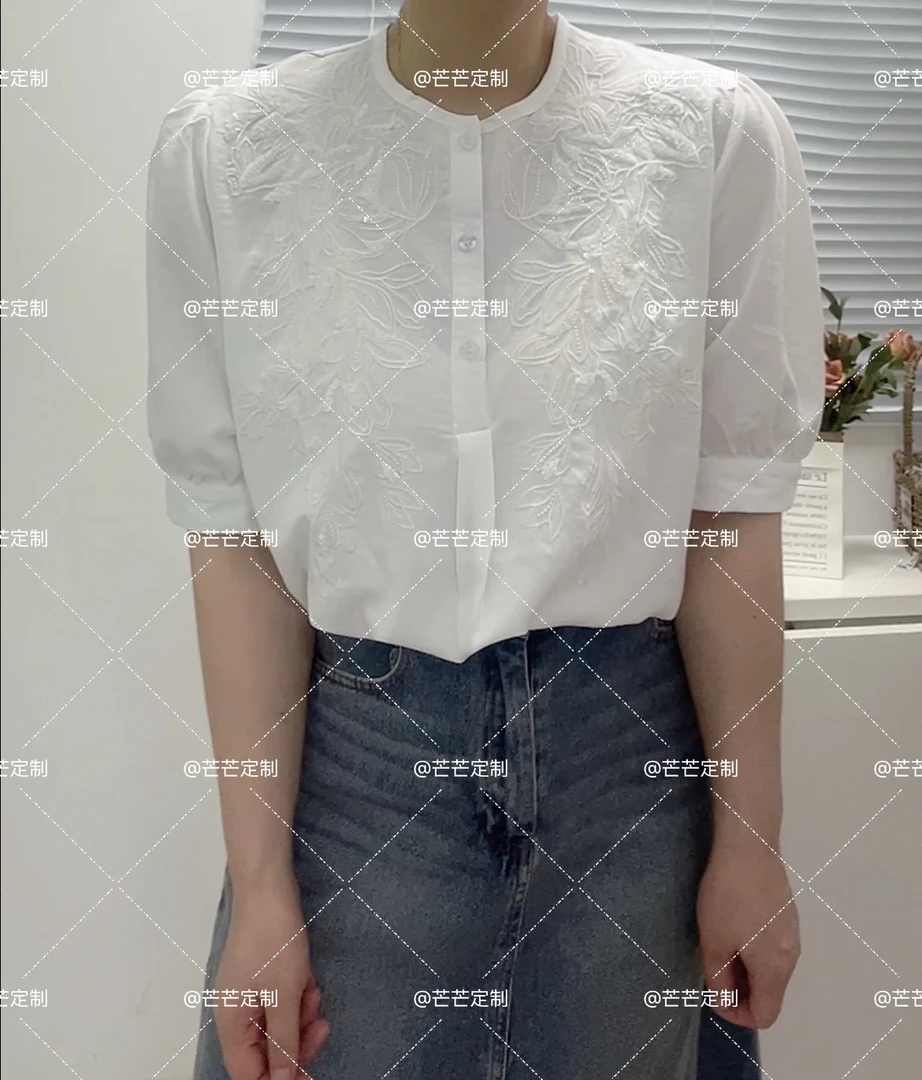 单排多扣刺绣短袖成人圆领衬衫小衫百搭镂空法式提花轻奢