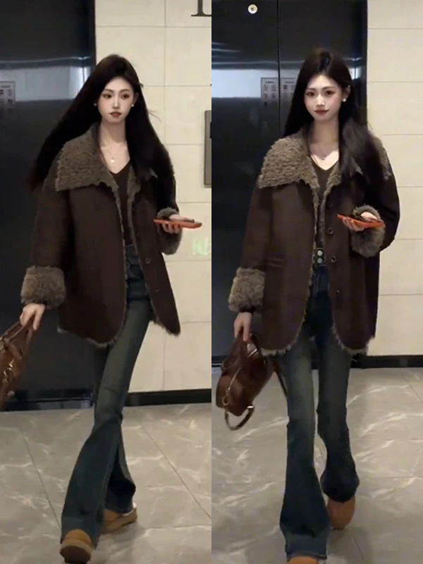 大码胖mm美拉德宽松保暖羊羔毛外套女装秋冬新款两穿皮毛一体上衣