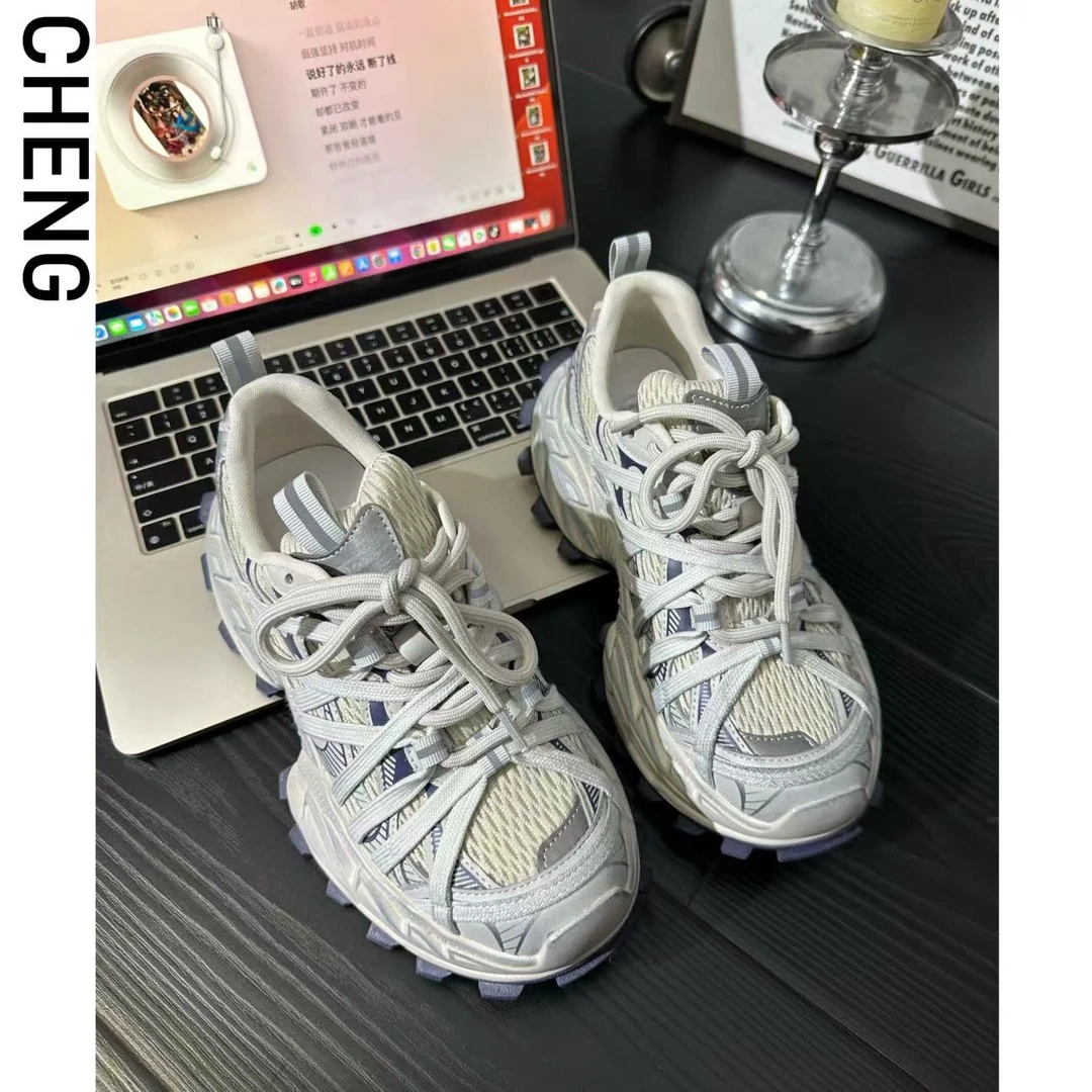 「CHENG」限定蓝擦色老爹鞋/质感重工增高蛇年缠绕绑带双色吸墨底款