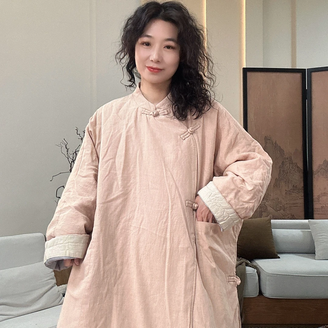新款国风宽松亚麻简约素色棉服复古新中式立领斜襟长袖襄色棉袍