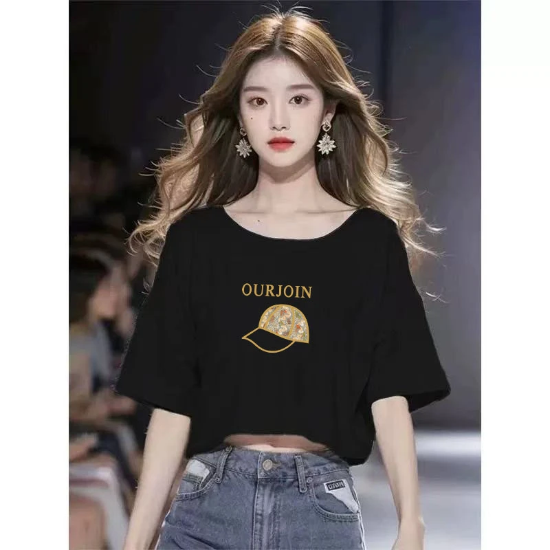 黑色短袖短款显瘦遮肉上衣女夏天韩系新款穿搭宽松洋气卡腰半袖t