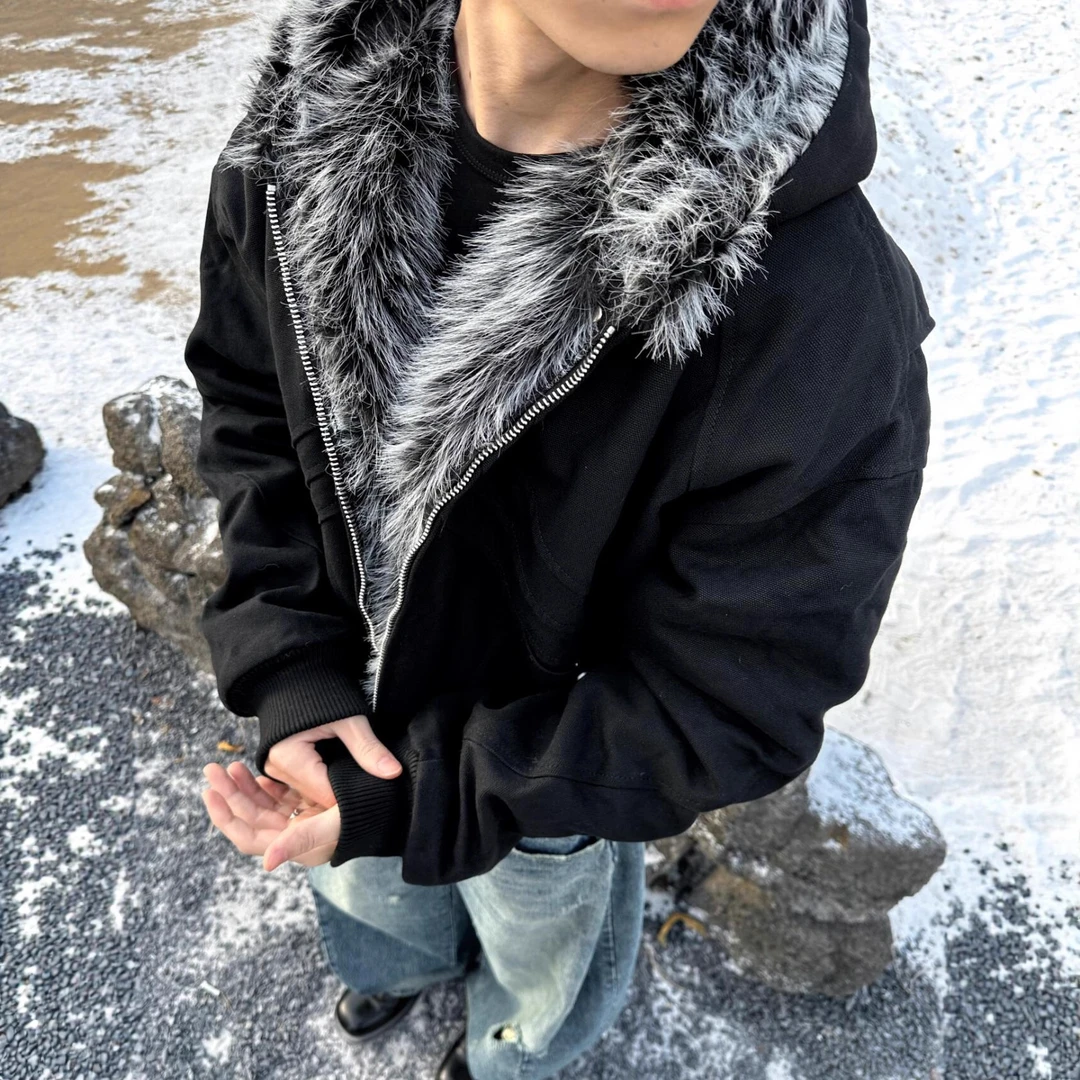 冬季EME 16oz剪裁帆布座山雕仿兔毛通身冬季保暖廓形加绒夹克外套