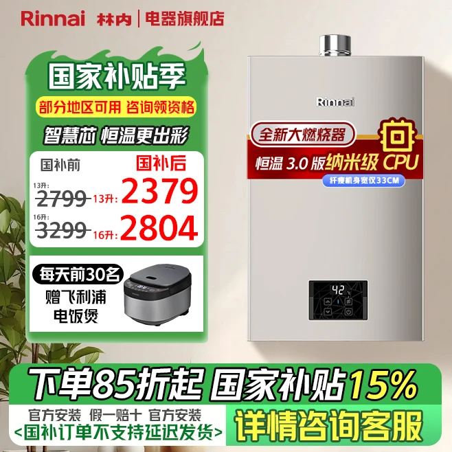 【小蛮腰PRO】林内GD32燃气热水器智能恒温强排式12T天然气即热