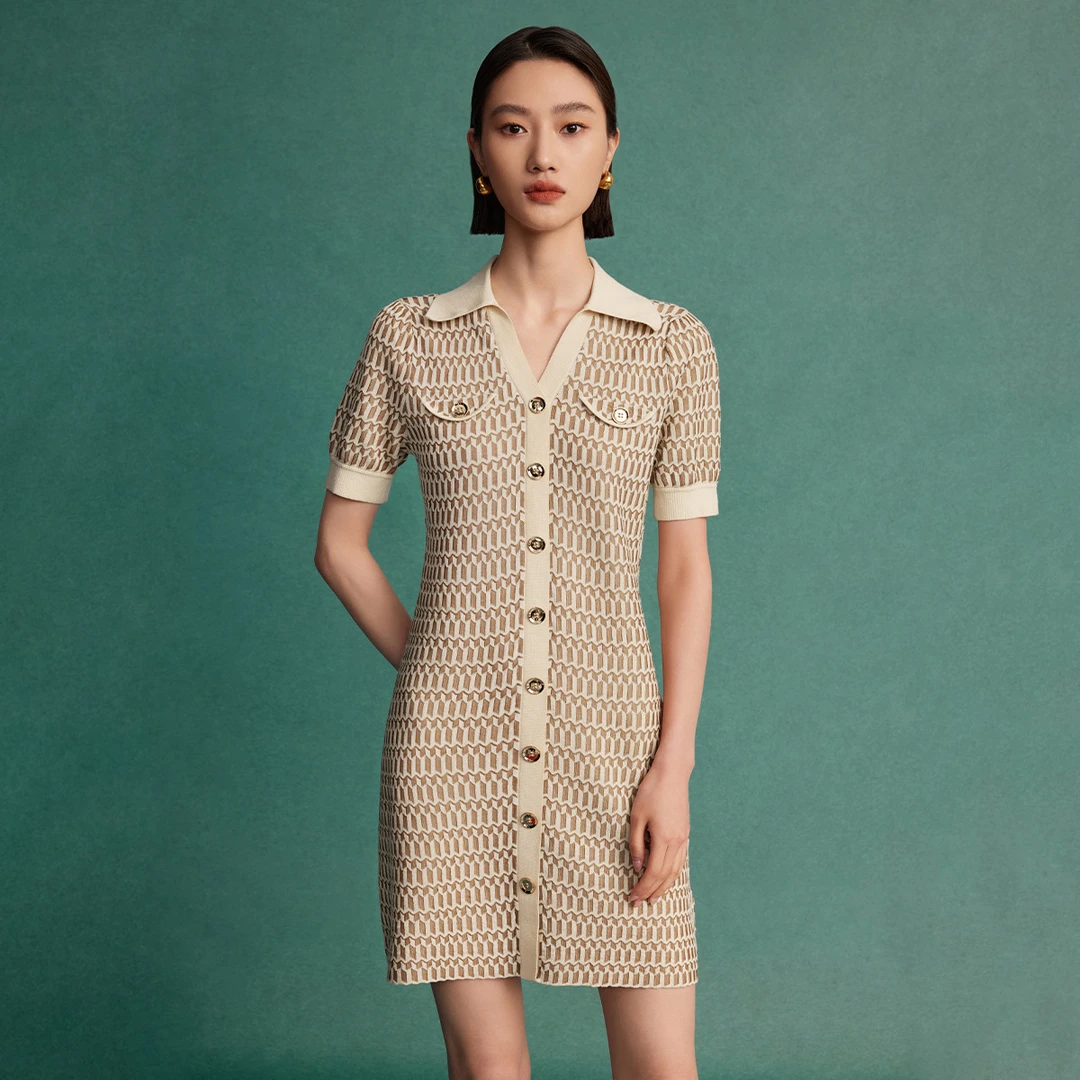 【王小专享】复古优雅连衣裙女2024春季V型polo领印花针织裙