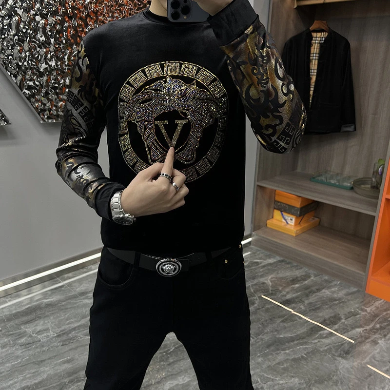 休闲时尚欧货春秋男士T恤打底衫精品丝绒印花烫钻百搭舒适圆领衫