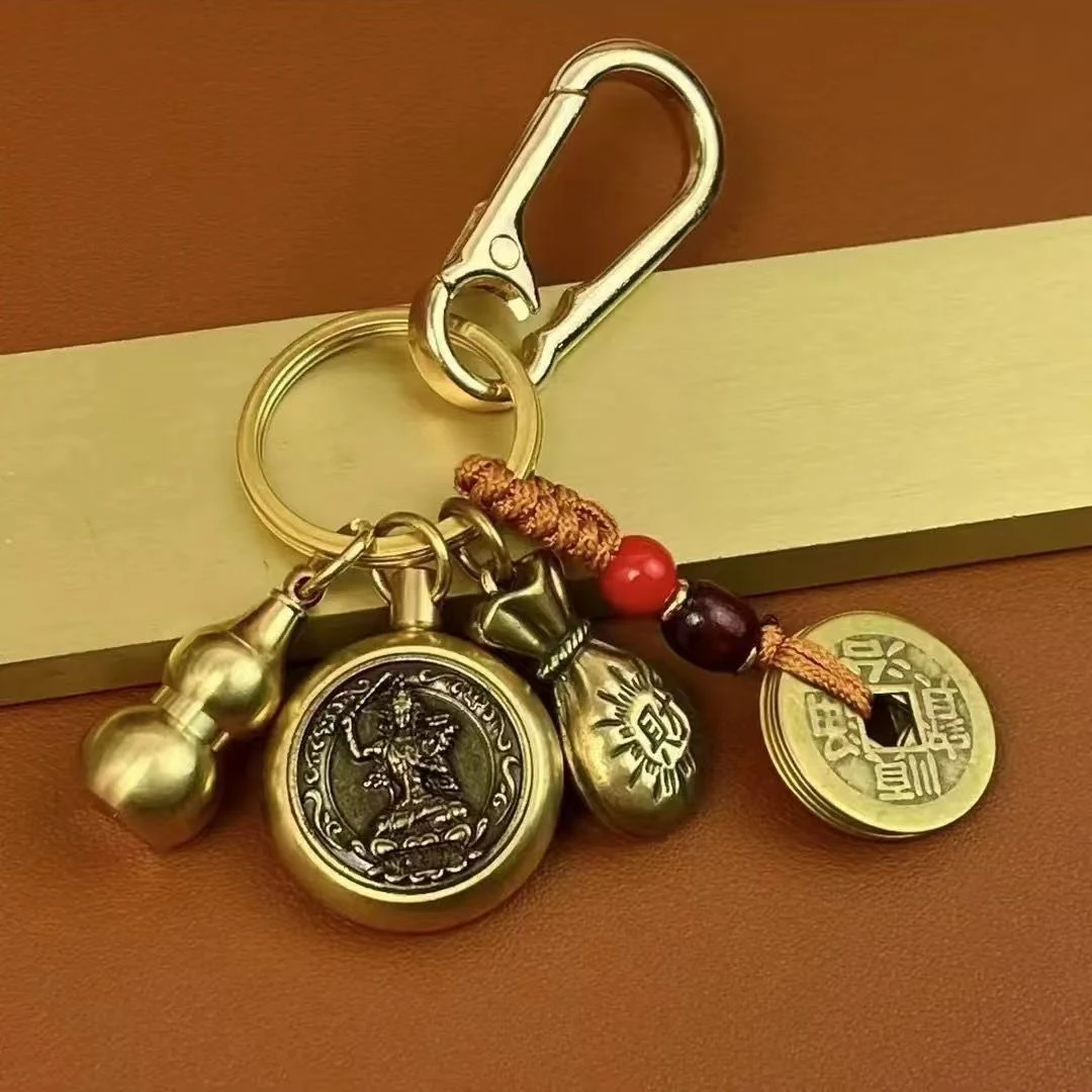 黄铜十二生肖八大守护转转手把件复古汽车钥匙扣挂件纯铜葫芦挂件