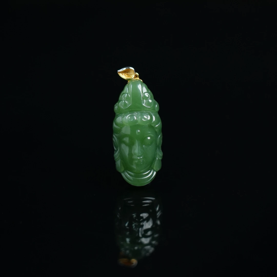 V姐|心选|和田玉碧玉观音吊坠 27*12*9mm-18K金-1F10312