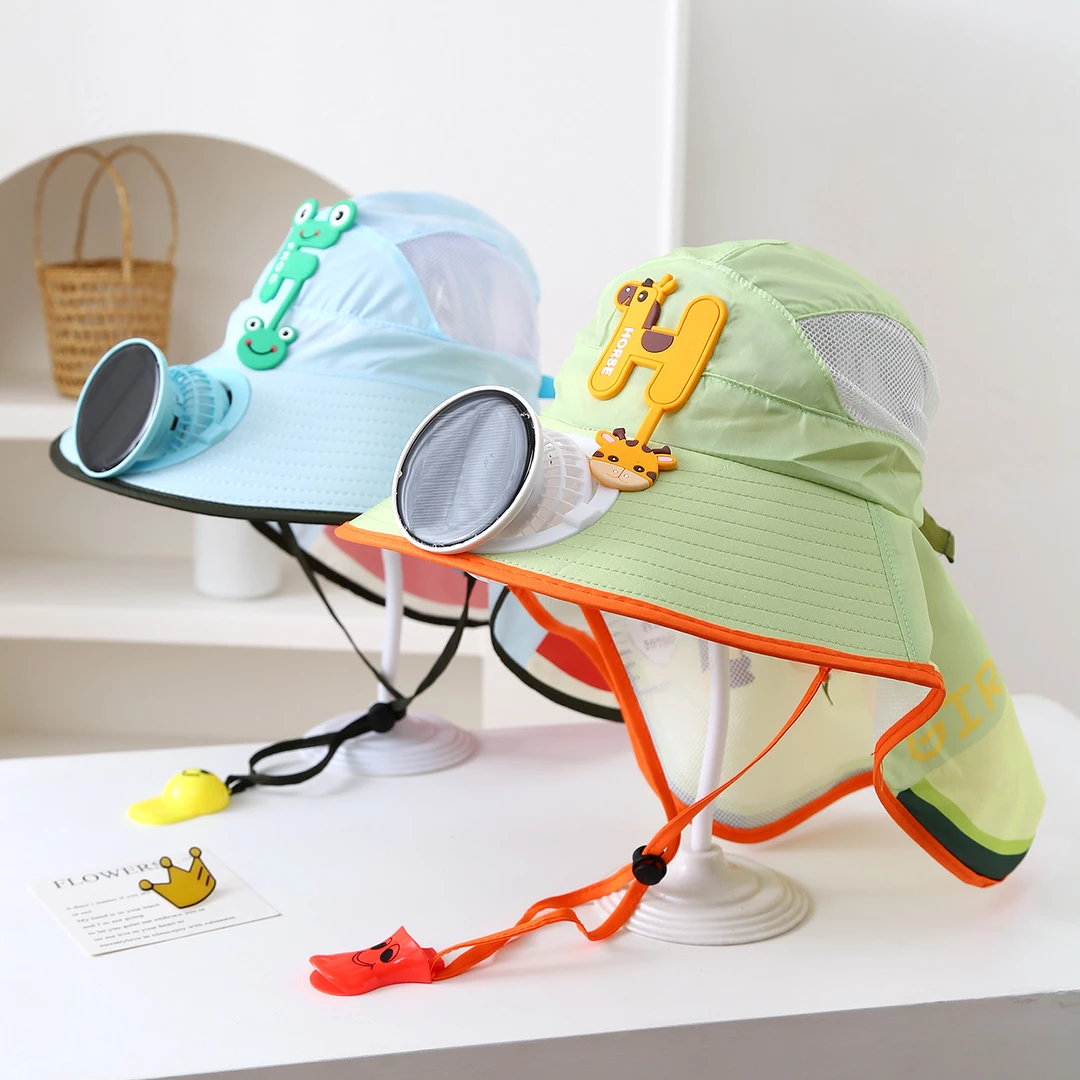 风扇帽子儿童太阳能披肩遮阳帽男女宝宝大檐网眼透气太阳帽帽