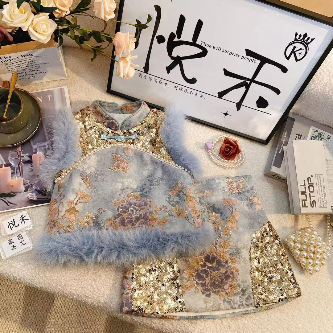 SD萌娃冬装花骨朵新年国风蝴蝶女童加厚盘扣拜年服套装6474