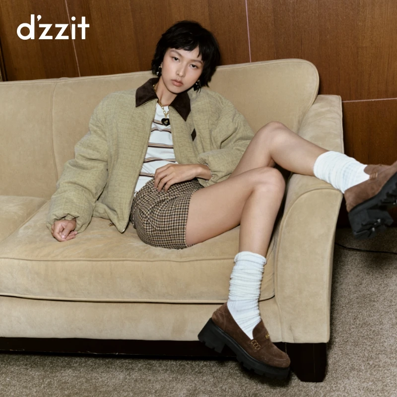 明星同款dzzit地素羽绒服冬季复古印花拼接翻领牛仔外套3I4K224