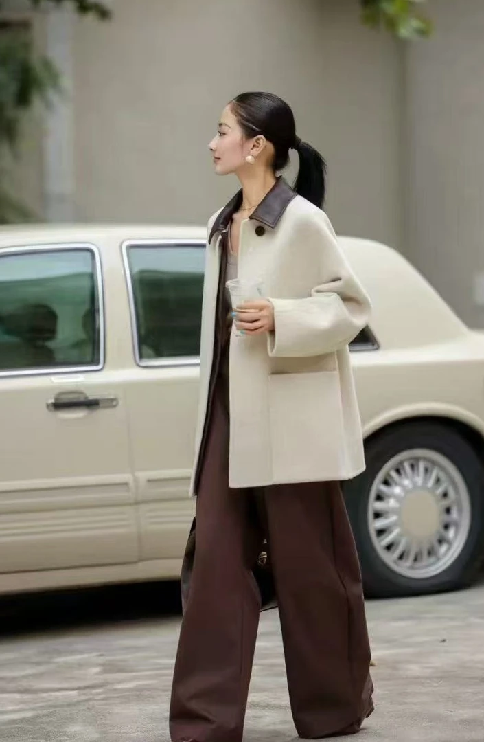 秋冬款翻领中长款冬季保暖休闲风宽松百搭双面呢外套呢大衣免烫